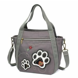 CHALA GRAY DOUBLE DOG PUPPY PAW PRINT RFID VENTURE MINI CARRYALL TOTE PURSE